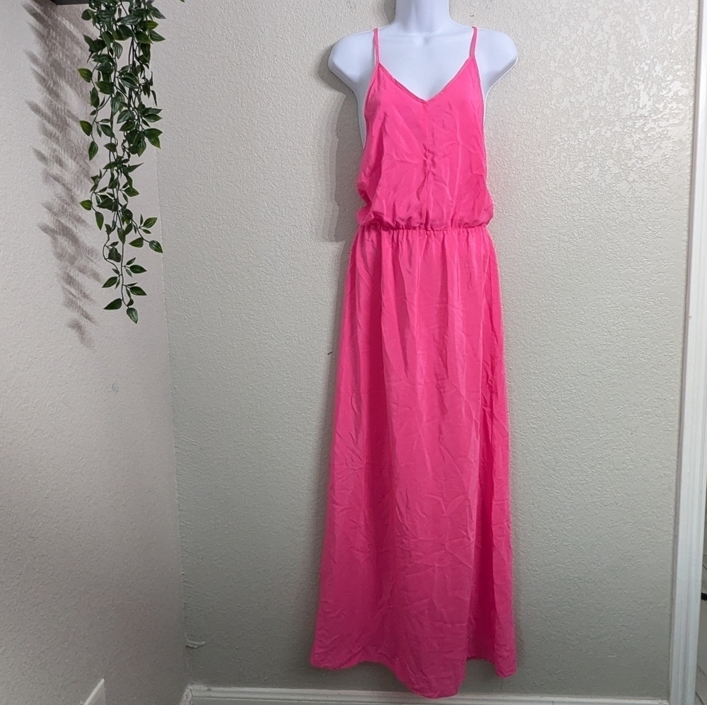 Amanda Uprichard Women 100% Silk Hot Pink Slip Maxi Dress Lightweight Strappy S